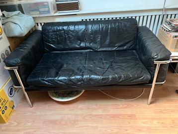 Vintage Buisframe Tweezits Bank Zwart Leer - opknapper