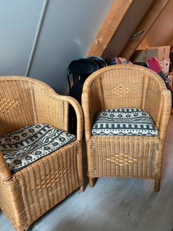 Twee rieten rotan fauteuils met een kussen