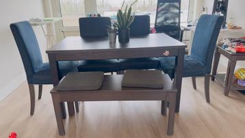 Modern 6-Seater Dining Table Set with Bench – Dark Wood