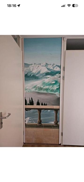 Gratis Muurschildering op houten plaat - Balkon met uitzicht