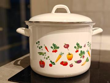 Groote witte Emaille Kookpan met groente decoratie