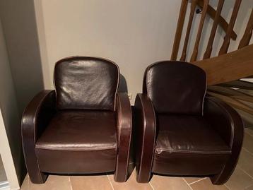 2x fauteuil, donkerbruin leer