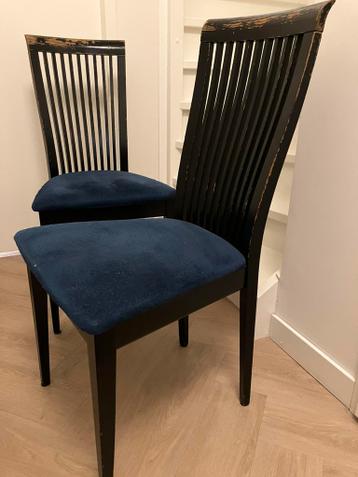 6 houten eetkamerstoelen, zwart met blauwe zitting