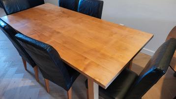 Kersenhouten eettafel + 6 leren stoelen