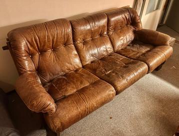 Vintage brutalist bruin leren 3-zits bank, jaren 60 70