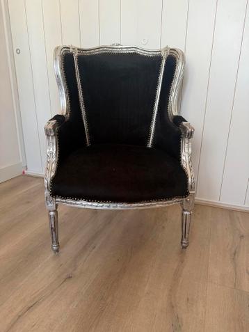 Barok Fauteuil - Zwart Velours, Zilver Houtwerk