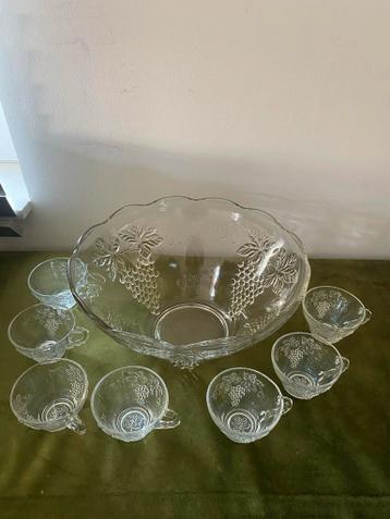 Glazen bowlschaal met 7 glaasjes - Druivenmotief