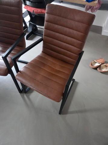 4 Industriële Eetkamerstoelen - Bruin Leer & Metaal