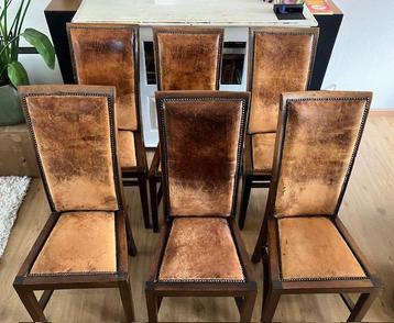 Gratis 6 teakhouten eetkamerstoelen met lederen bekleding