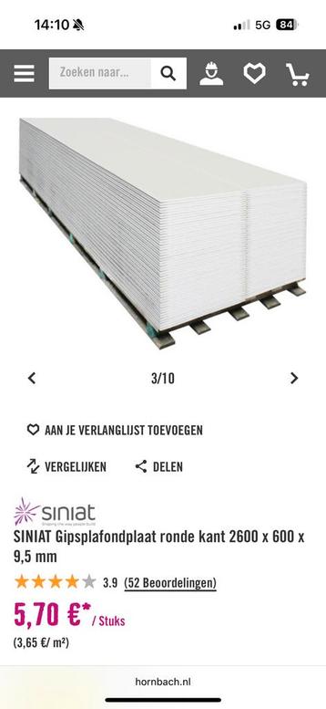 7 gipsplaten 2600 x 600 x 9,5 mm - GRATIS OPHALEN