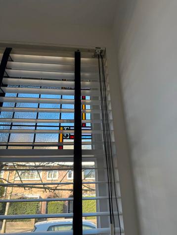 Witte houten jaloezieën met zwarte ladderband