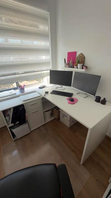 Hoekbureau met ladeblok en opbergkastje - Wit