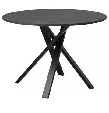 Ronde eettafel met marmerlook blad en zwart metalen onderste