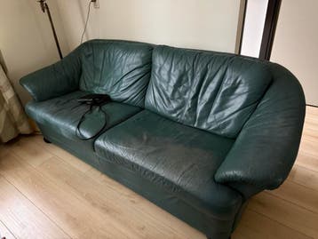 Oude groene leren bank en fauteuil - 1, 2 en 3 zit