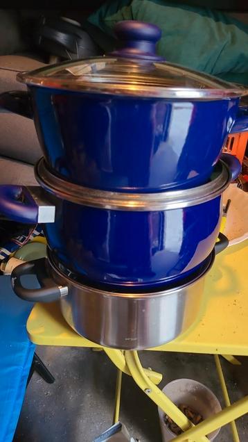 Set van 3 kookpannen - blauw en RVS