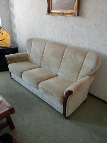 Vintage 3-zits bank en 2 fauteuils- Crème stof met hout