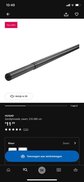 Gordijn roede Hugad (ikea) x 3 zwart