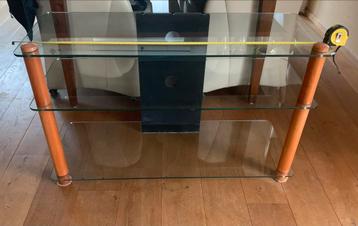 Glazen tv/audio meubel met kersenhouten poten