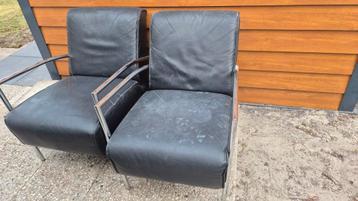 Set van 2 vintage zwarte leren stoelen met metalen frame