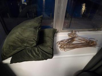 Gratis gouden kledinghangers en groene kussens