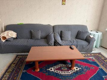 Twee banken met blauw geruite hoezen