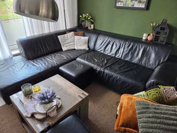 Zwarte Leren Hoekbank - Gebruikt