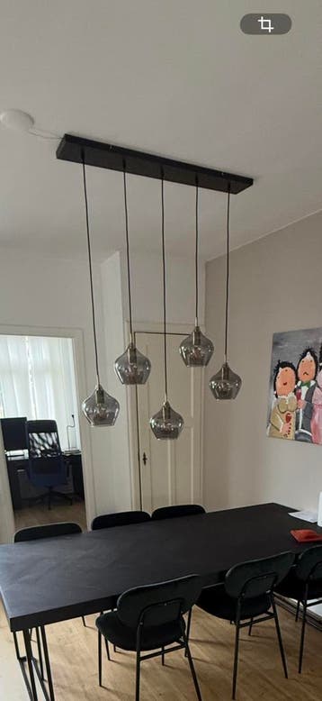 Moderne hanglamp met 5 glazen kappen - Zo goed als nieuw