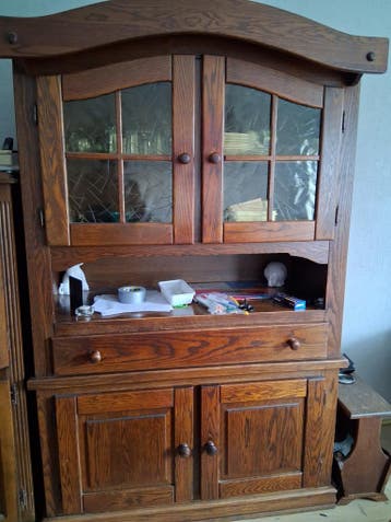 Donker Eiken Houten Kast met Vitrine en Lades