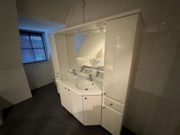 Badkamermeubel met dubbele wasbak en spiegel