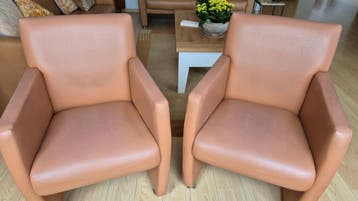 Twee eetkamerfauteuils in cognac kleur