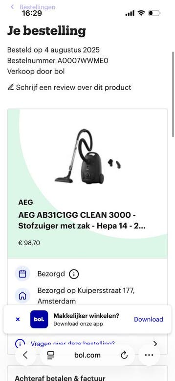 AEG stofzuiger nog geen jaar oud.