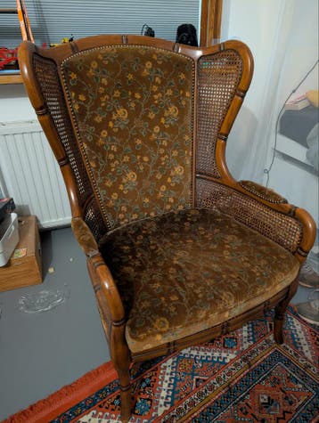 Rotan en velours oor fauteuil