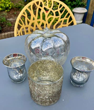 Glazen zilver antiek look decoratie set!