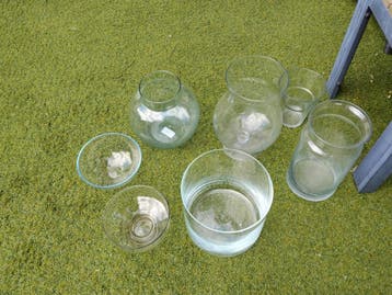 Diverse glazen vazen en schalen voor bloemen