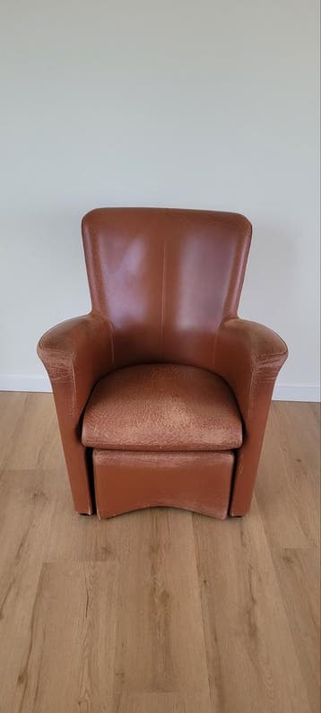 Leren fauteuil met voetenbank - Cognac kleur