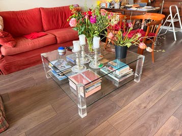 Stijlvolle glazen salontafel 101x101 cm, hoogte 39,5 cm