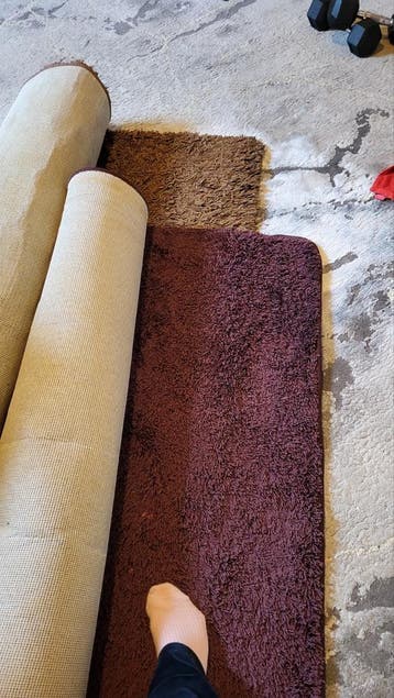 Twee gebruikte hoogpolige vloerkleden: paars en bruin