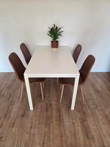 Eetkamertafel met 4 bruine stoelen