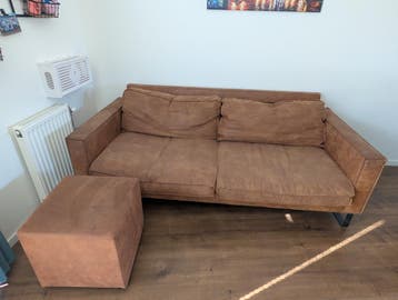GRATIS Leren Bank Cognac 2,5-zits + Hocker | Industrieel