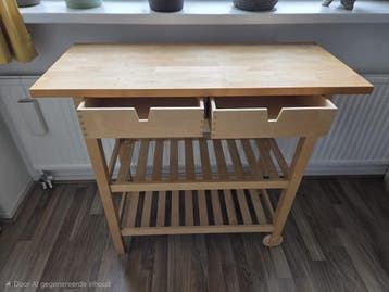 Gratis afhalen! Houten sidetable met twee lades en wieltjes