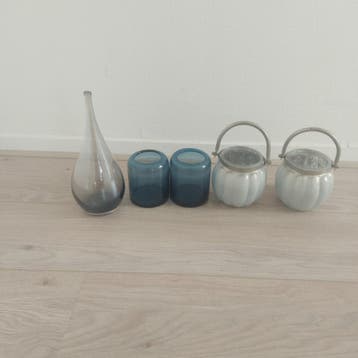 Glazen decoratie/waxinlichthoudersin blauw/grijstinten