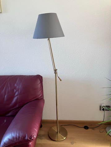 Verstelbare Messing Vloerlamp met Grijze Stoffen Kap