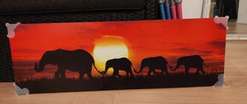 Canvas schilderij olifanten zonsondergang