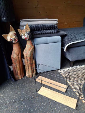 Decoratieve Houten Kattenbeelden,Vintage en Handgeschilderd