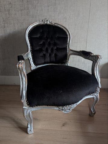 Kinder fauteuil barok stijl zwart fluweel zilveren frame