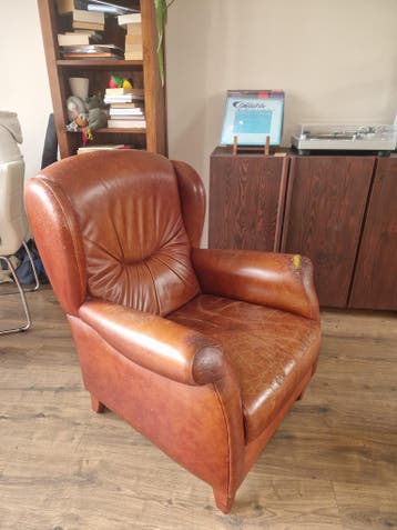 Cognac leren fauteuil - gebruikt