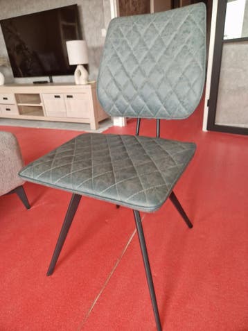 6 eetkamerstoelen zwart metalen frame blauw/grijs leer