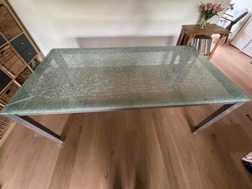 Eettafel glazen blad en aluminium onderstel 180x900