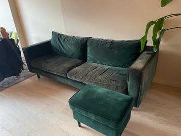 GRATIS! Groene velvet bank met poef - 230x90 cm