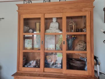 Teak houten boven kast met schuifdeuren met glas